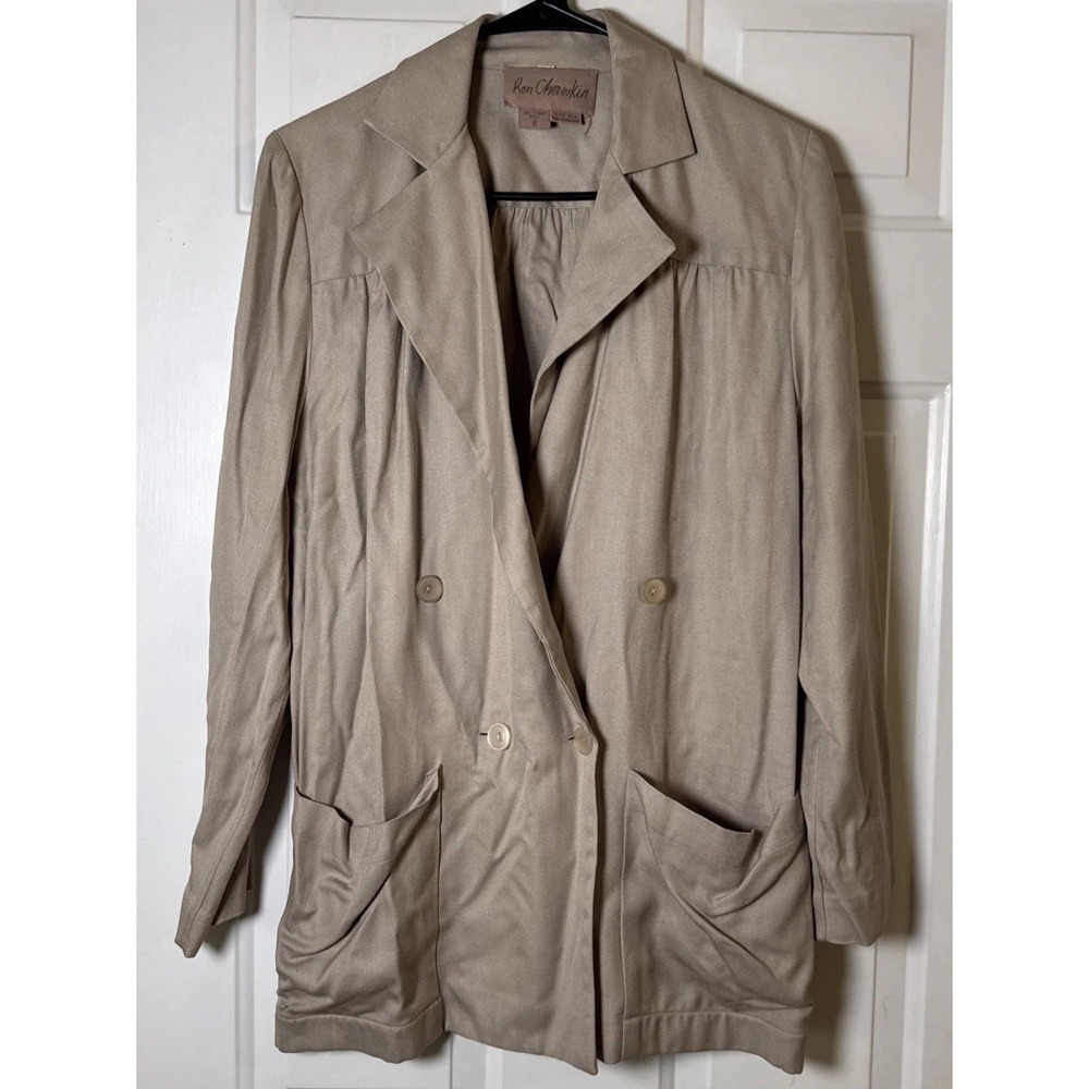 VTG Ron Chereskin 100% Silk Blazer Women 18 Taupe Double Breasted Draped Pockets